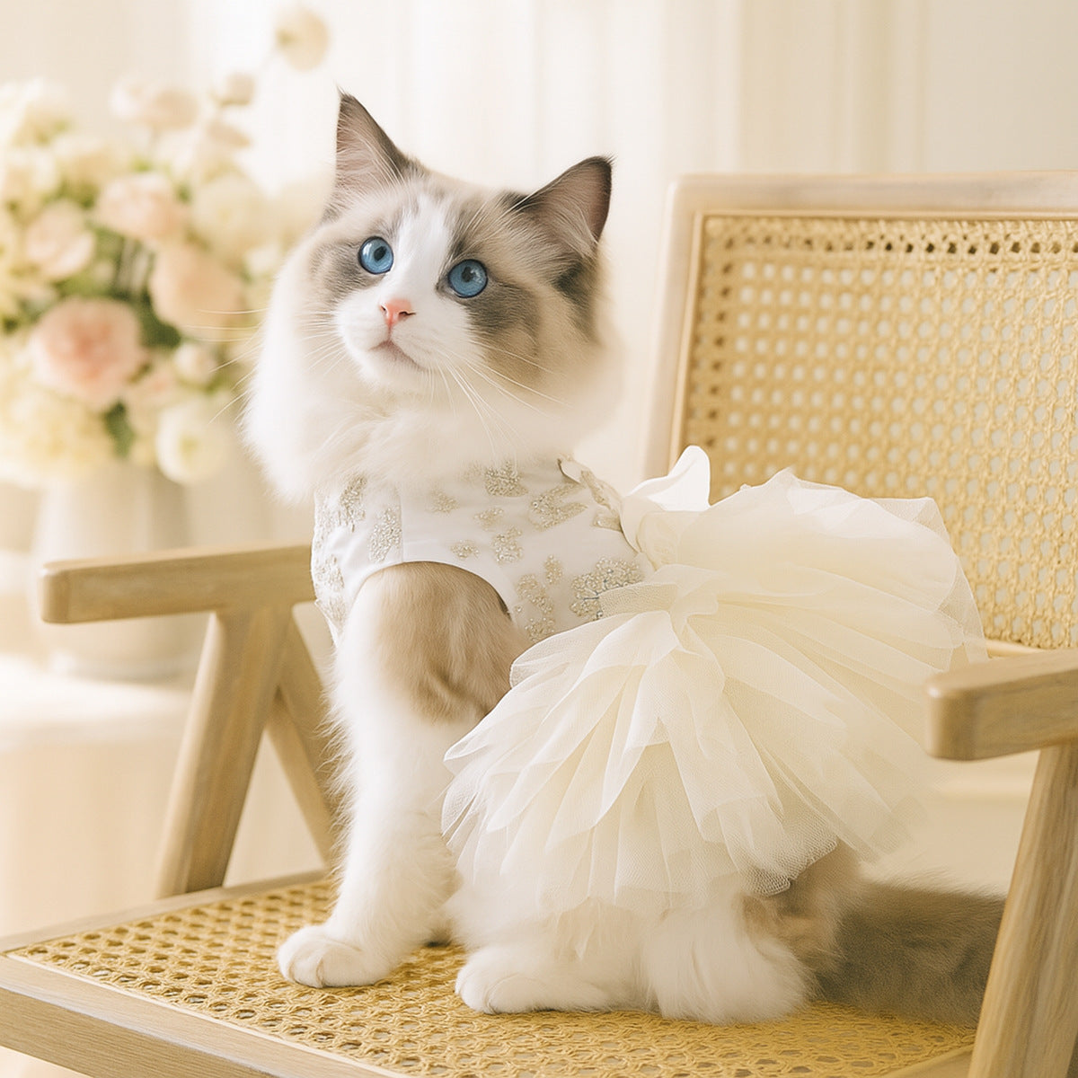 Luxury Ivory Lace Pet Bridal Tutu Dress, Elegant Tulle Wedding Gown Harness for Small Breed Dogs and Cats
