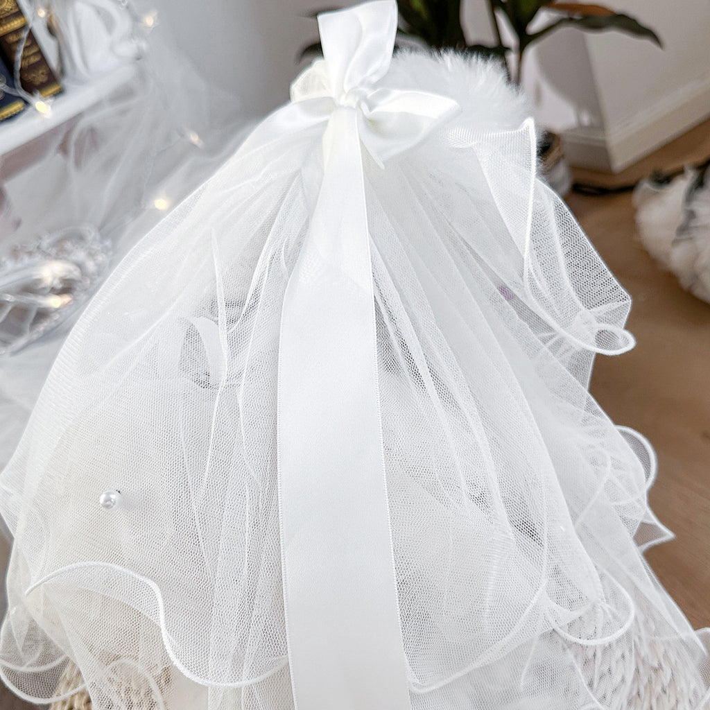 Luxury Satin Bow Pearl Dog Bridal Veil, Soft Tulle Wedding Hair Veil for Small Breed Puppies