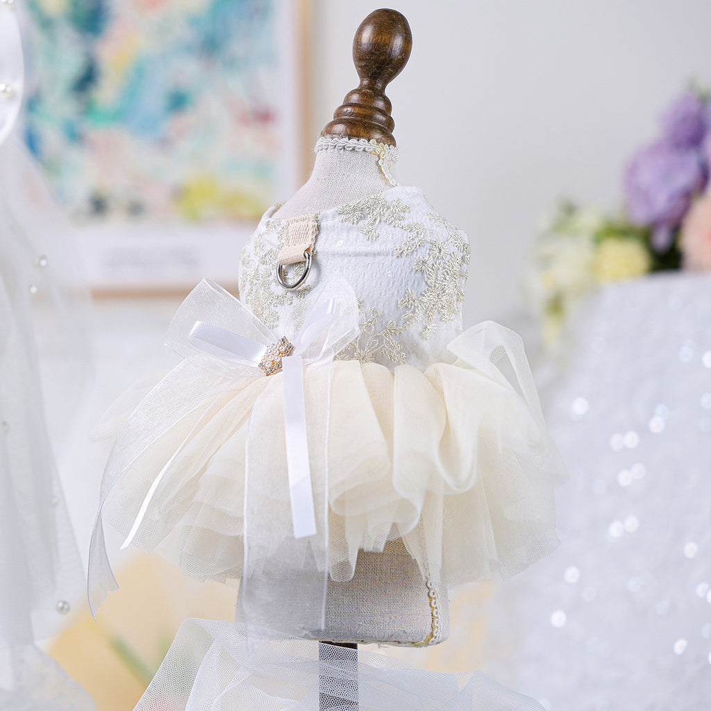 Luxury Ivory Lace Pet Bridal Tutu Dress, Elegant Tulle Wedding Gown Harness for Small Breed Dogs and Cats