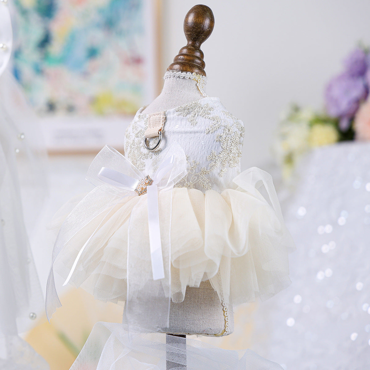 Luxury Ivory Lace Pet Bridal Tutu Dress, Elegant Tulle Wedding Gown Harness for Small Breed Dogs and Cats