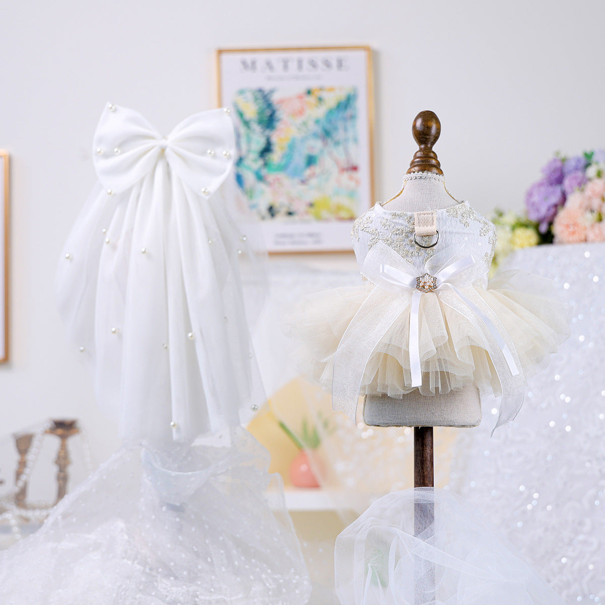 Luxury Ivory Lace Pet Bridal Tutu Dress, Elegant Tulle Wedding Gown Harness for Small Breed Dogs and Cats