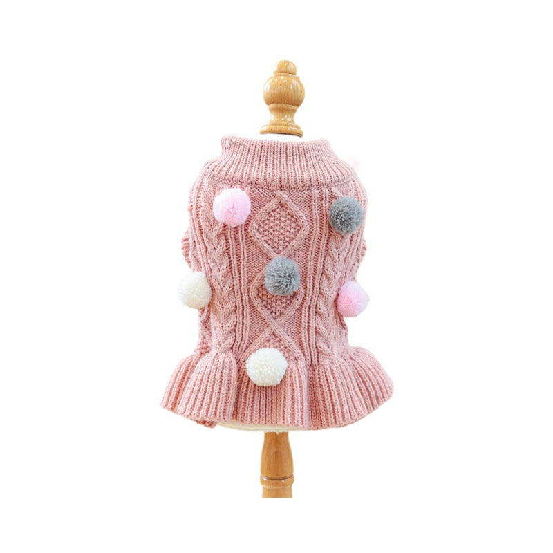 Cute Cable Knit Pet Sweater Dress with Colorful Pom Poms, Warm Winter Outfit for Small Breed Dogs