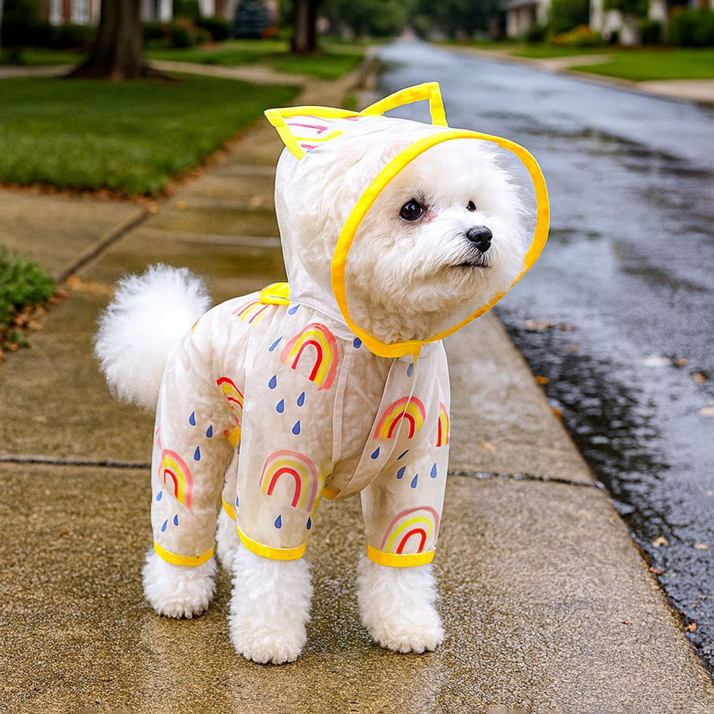 Waterproof Transparent Rainbow Pet Raincoat, Cartoon Cat Ear Hooded Puppy Rain Jacket for Small Breeds