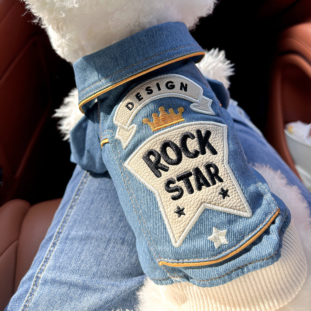 Cool Rock Star Patch Denim Dog Jacket, Vintage Lapel Jean Coat for Small Breed Puppies