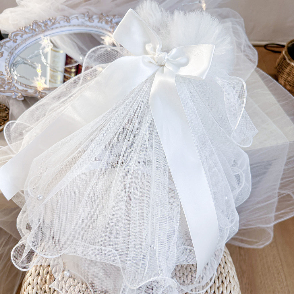 Luxury Satin Bow Pearl Dog Bridal Veil, Soft Tulle Wedding Hair Veil for Small Breed Puppies