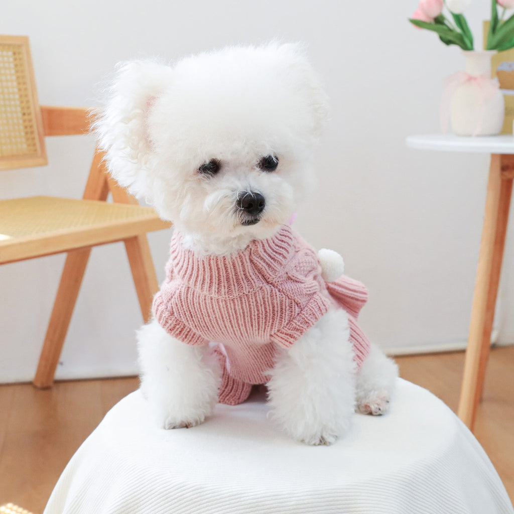 Cute Cable Knit Pet Sweater Dress with Colorful Pom Poms, Warm Winter Outfit for Small Breed Dogs