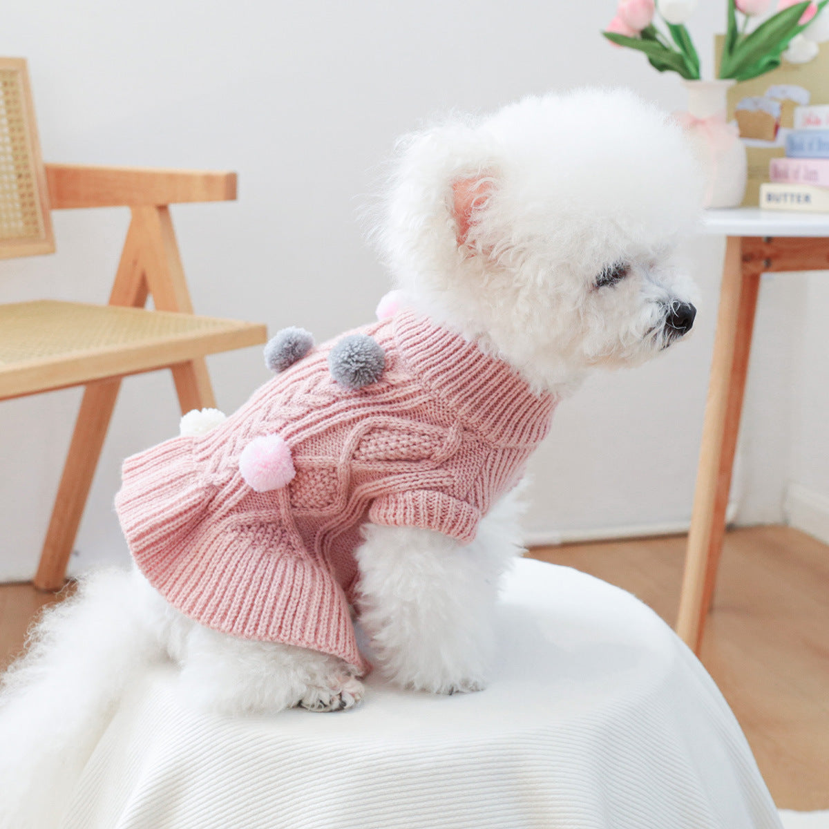 Cute Cable Knit Pet Sweater Dress with Colorful Pom Poms, Warm Winter Outfit for Small Breed Dogs