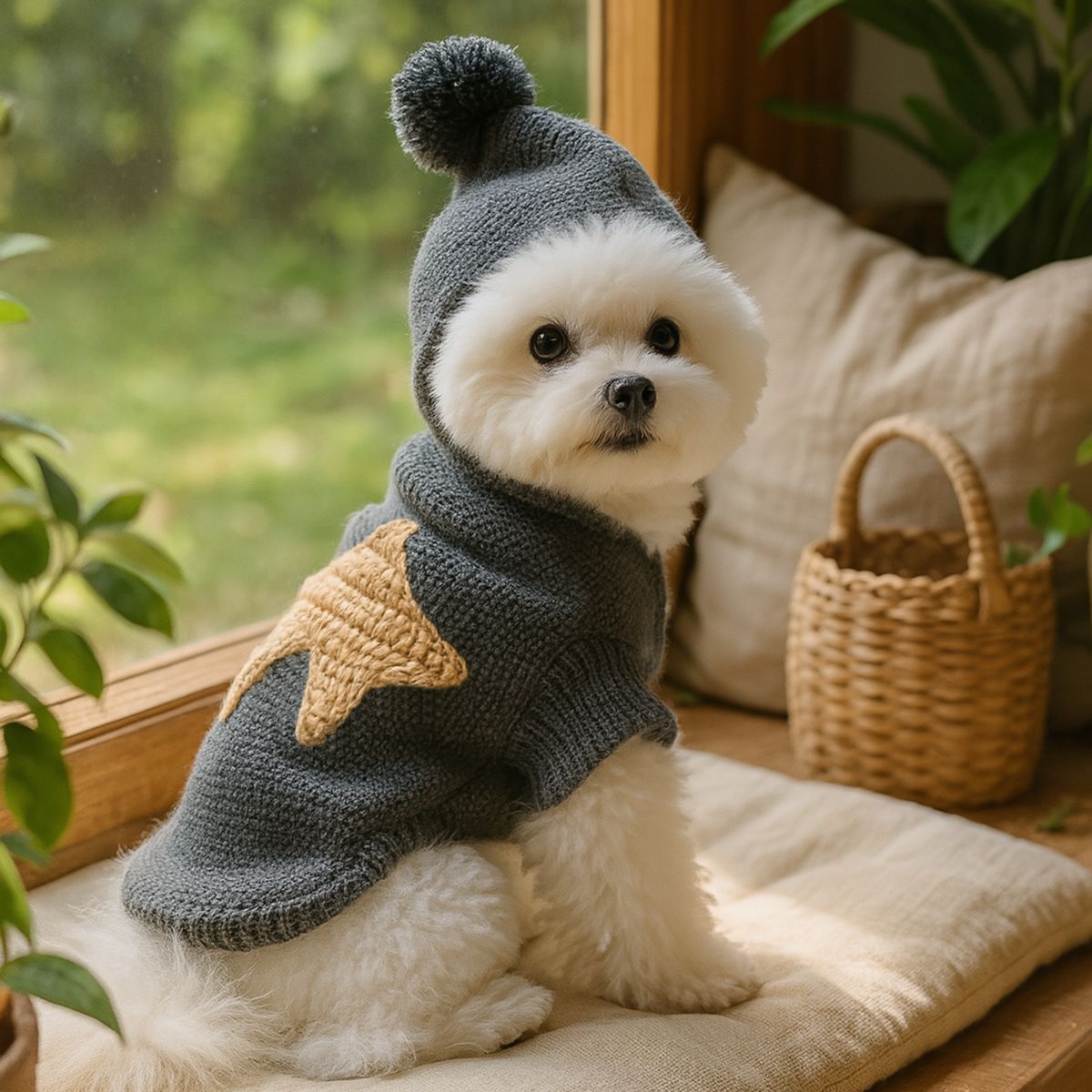 Cozy Knit Pet Hoodie with 3D Star Applique & Pom Pom Hat, Warm Winter Sweater for Small Breed Puppies