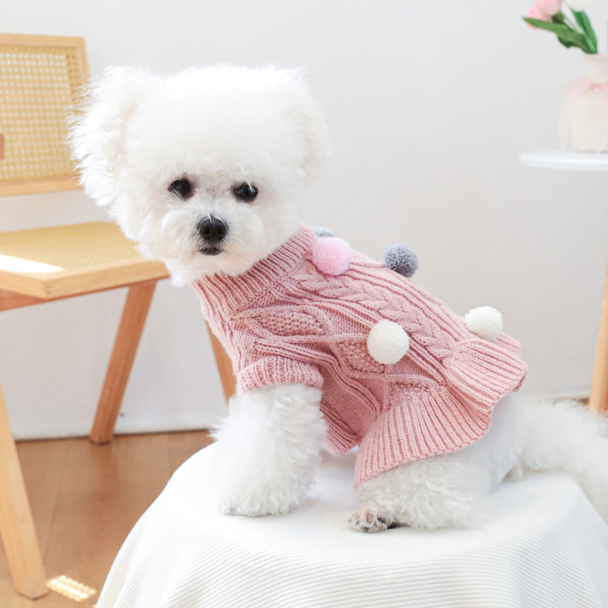 Cute Cable Knit Pet Sweater Dress with Colorful Pom Poms, Warm Winter Outfit for Small Breed Dogs