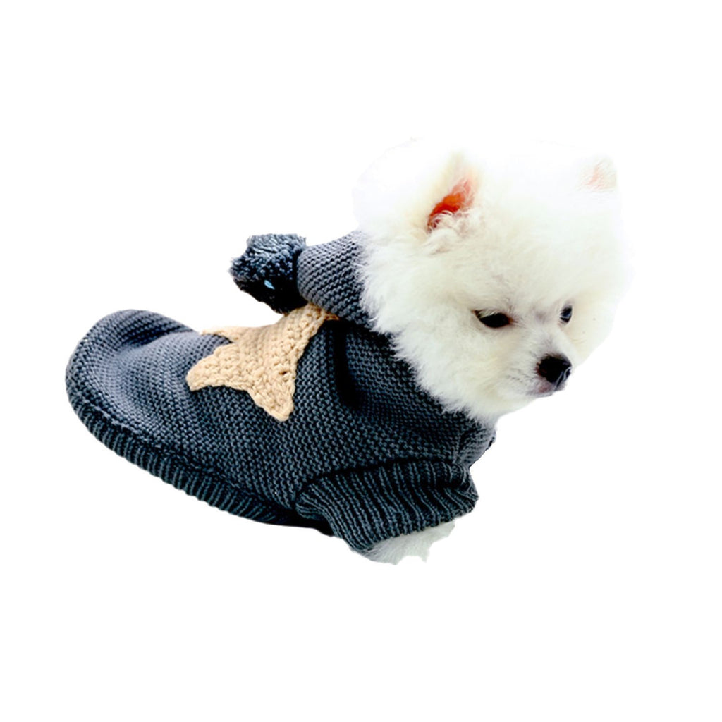 Cozy Knit Pet Hoodie with 3D Star Applique & Pom Pom Hat, Warm Winter Sweater for Small Breed Puppies