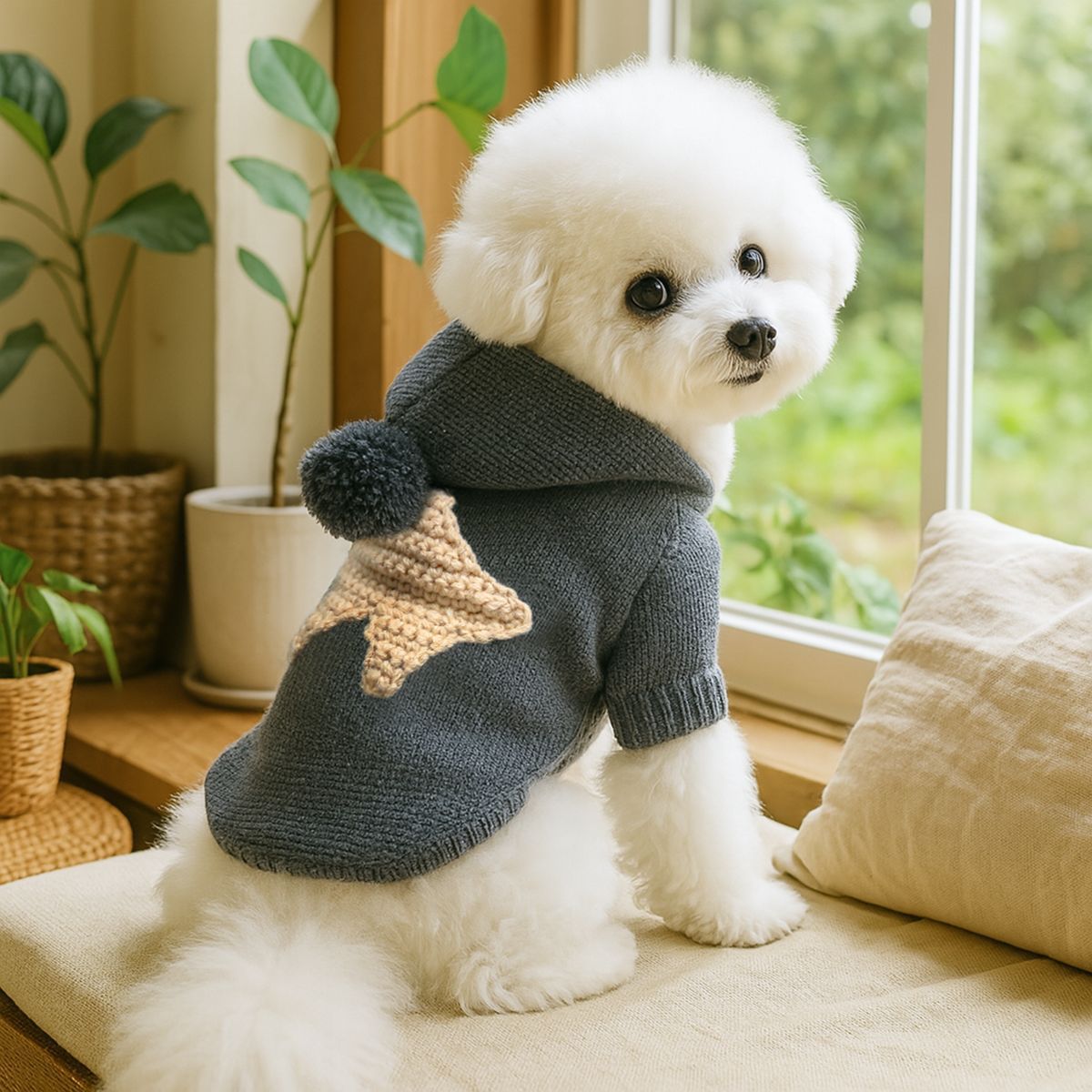 Cozy Knit Pet Hoodie with 3D Star Applique & Pom Pom Hat, Warm Winter Sweater for Small Breed Puppies