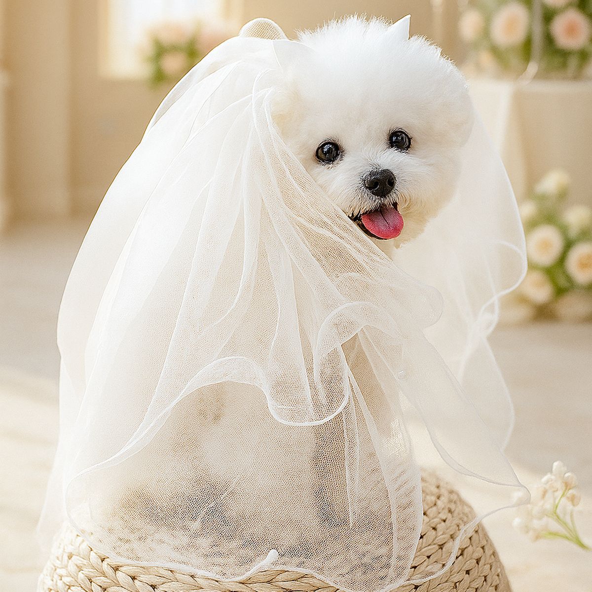 Luxury Satin Bow Pearl Dog Bridal Veil, Soft Tulle Wedding Hair Veil for Small Breed Puppies