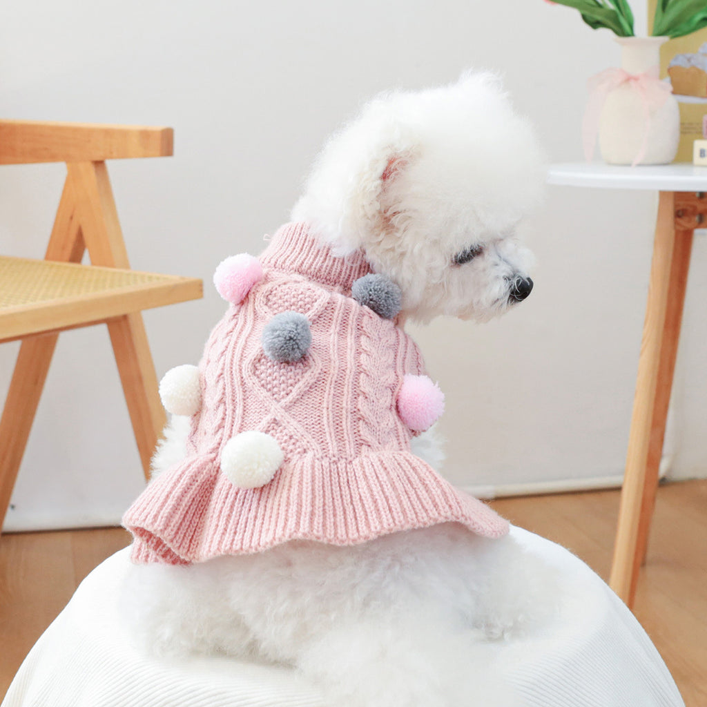 Cute Cable Knit Pet Sweater Dress with Colorful Pom Poms, Warm Winter Outfit for Small Breed Dogs