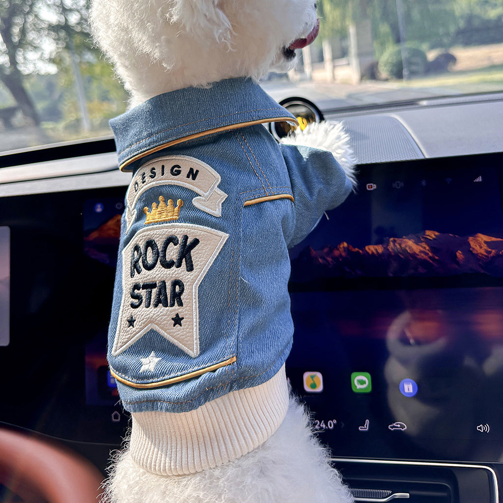 Cool Rock Star Patch Denim Dog Jacket, Vintage Lapel Jean Coat for Small Breed Puppies