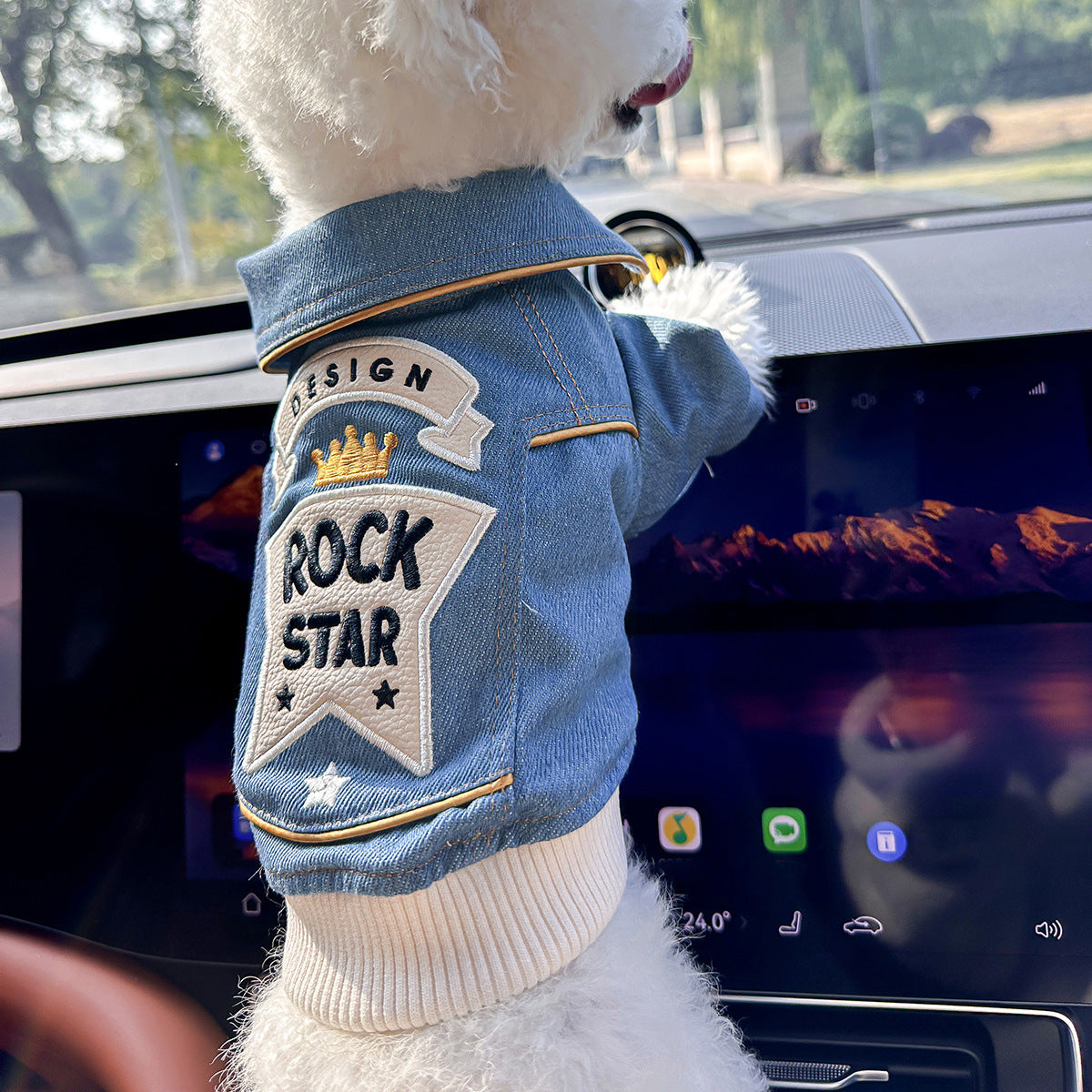 Cool Rock Star Patch Denim Dog Jacket, Vintage Lapel Jean Coat for Small Breed Puppies