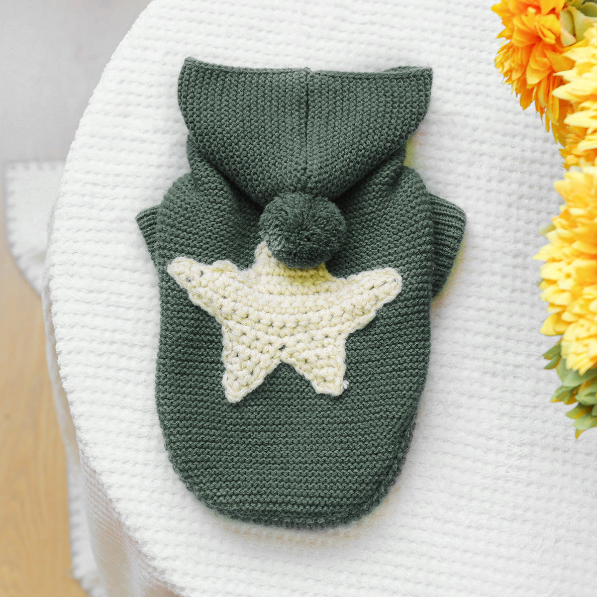 Cozy Knit Pet Hoodie with 3D Star Applique & Pom Pom Hat, Warm Winter Sweater for Small Breed Puppies