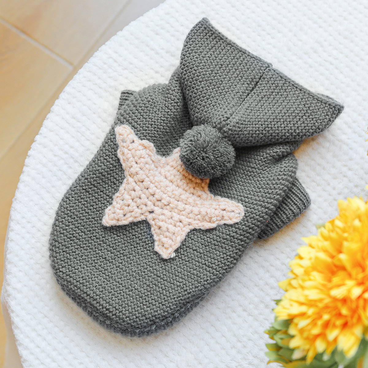 Cozy Knit Pet Hoodie with 3D Star Applique & Pom Pom Hat, Warm Winter Sweater for Small Breed Puppies