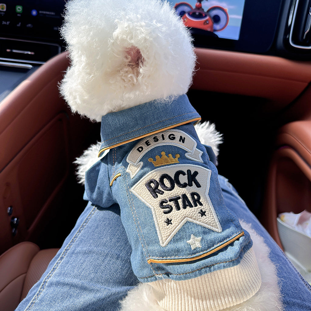Cool Rock Star Patch Denim Dog Jacket, Vintage Lapel Jean Coat for Small Breed Puppies