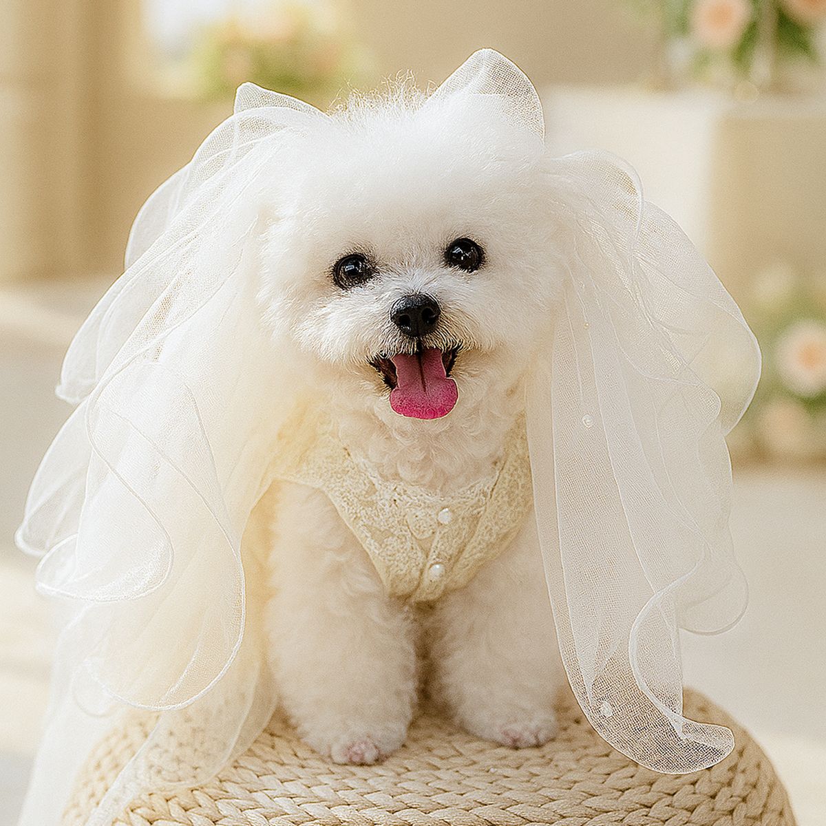 Luxury Satin Bow Pearl Dog Bridal Veil, Soft Tulle Wedding Hair Veil for Small Breed Puppies